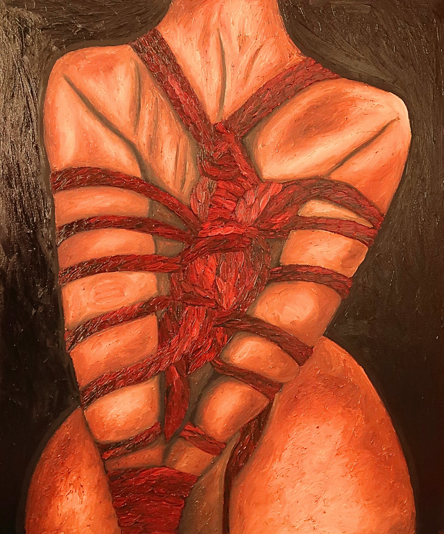 Artistic depiction of a person bound with red ropes on a dark background